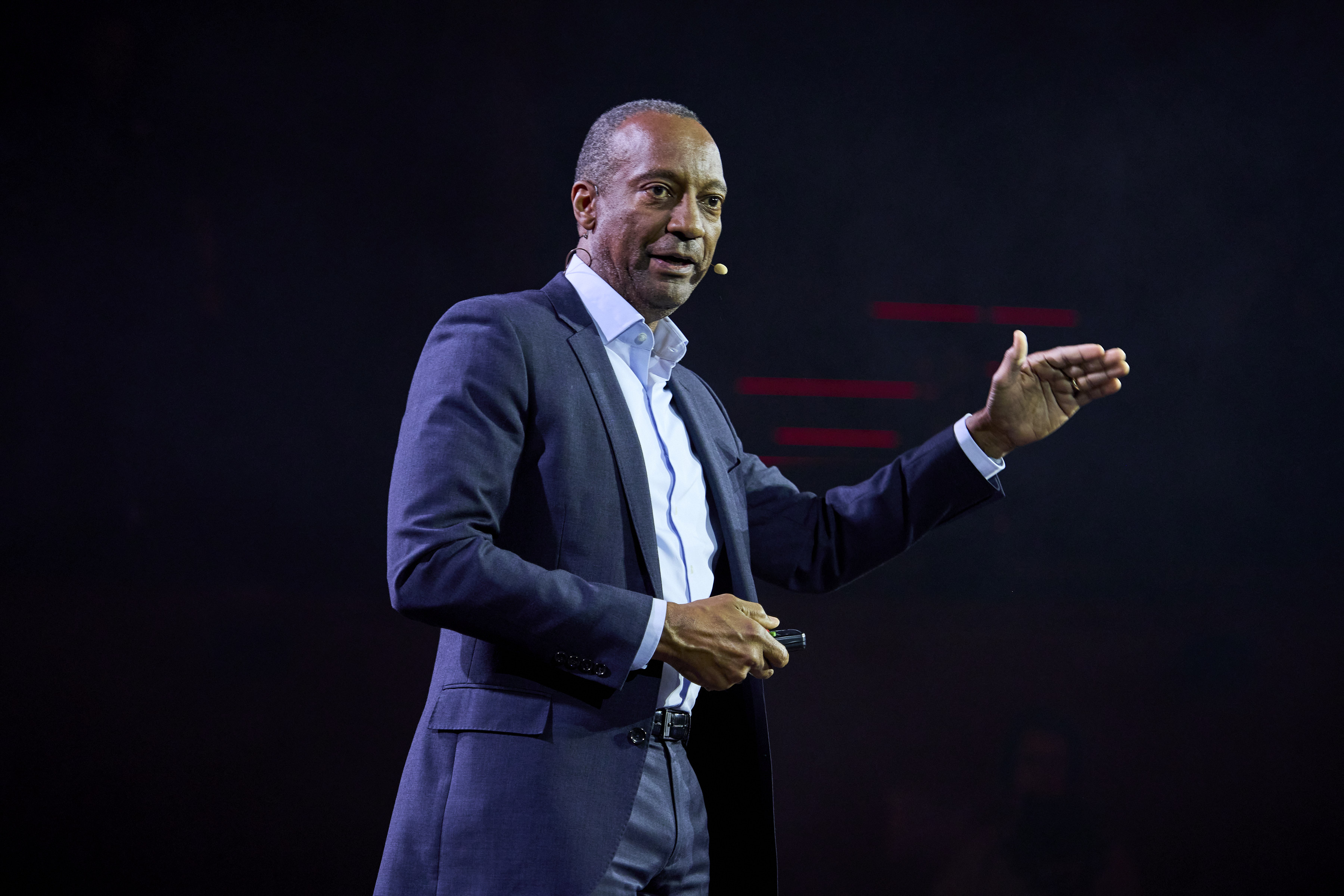 Tony Bond on stage with audience